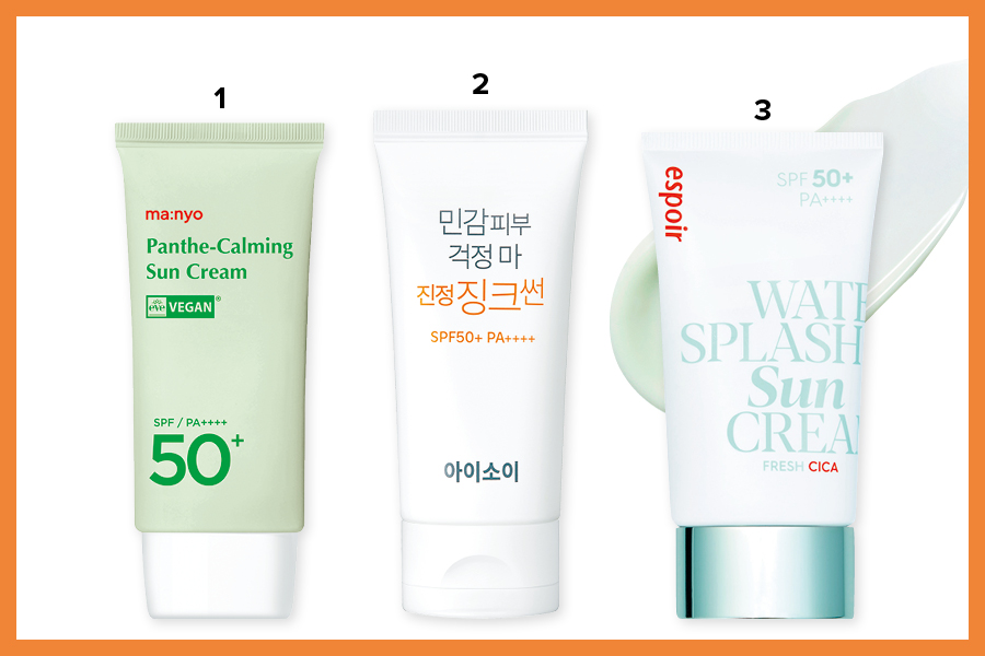  마녀공장 판테카밍 선크림 SPF50+/PA++++, 아이소이 민감피부 걱정마! 진정 징크썬 SPF50+/PA++++ , 에스쁘아 워터 스플래쉬 선크림 프레쉬 시카 SPF50+/PA++++