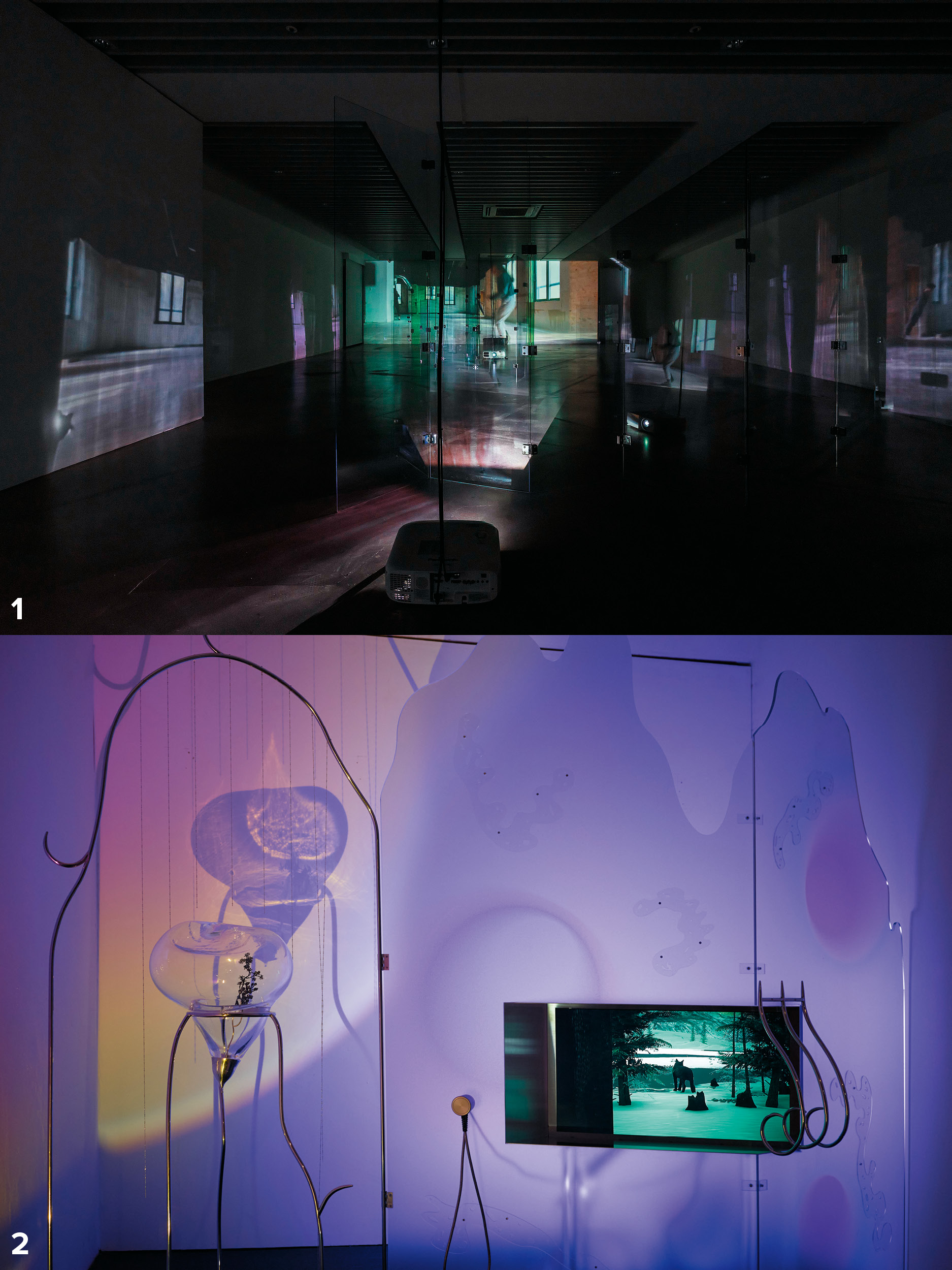  AN Jungju, ‘kick clap hat’, 2021, Multimedia installation, 360 VR video, stereo sound 7min loop, 2 channel video, stereo sound, 4K, color, 26min 45sec. Courtesy of the artist.  Omyo CHO, ‘Barreleye’, 2022, Single channel HD video, glass, silver, aluminum