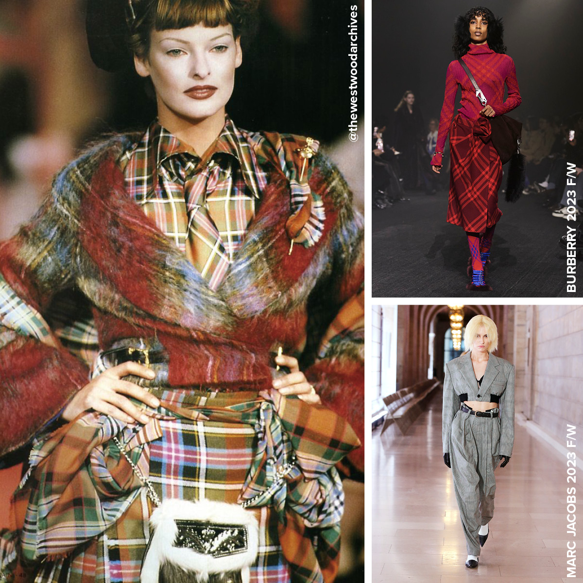 1993년 비비안 웨스트우드 앵글로 마니아 컬렉션 모습과 2023 FW 마크제이콥스와 버버리 컬렉션 런웨이의 모습