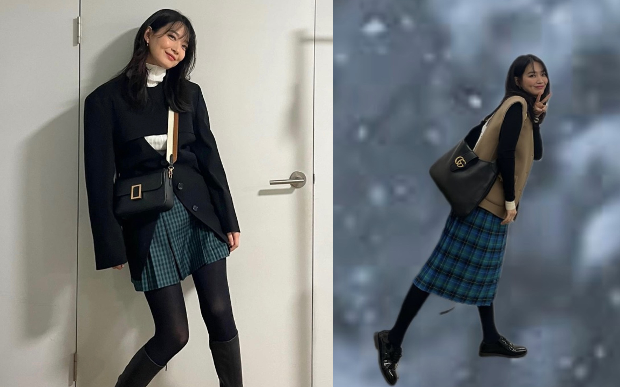 체크 스커트를 입은 신민아 