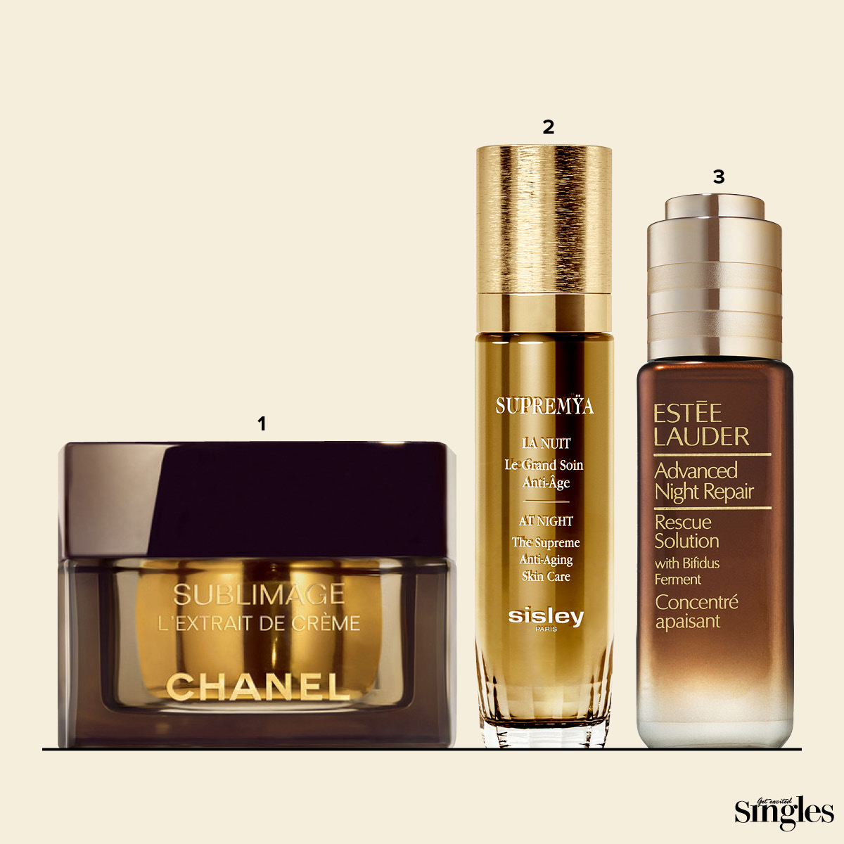 샤넬 수블리마지 렉스트레 드 크렘, 시슬리 수프리미아 앳 나이트 더 수프림 안티-에이징 스킨케어, 에스티 로더 어드밴스드 나이트 리페어 레스큐 솔루션