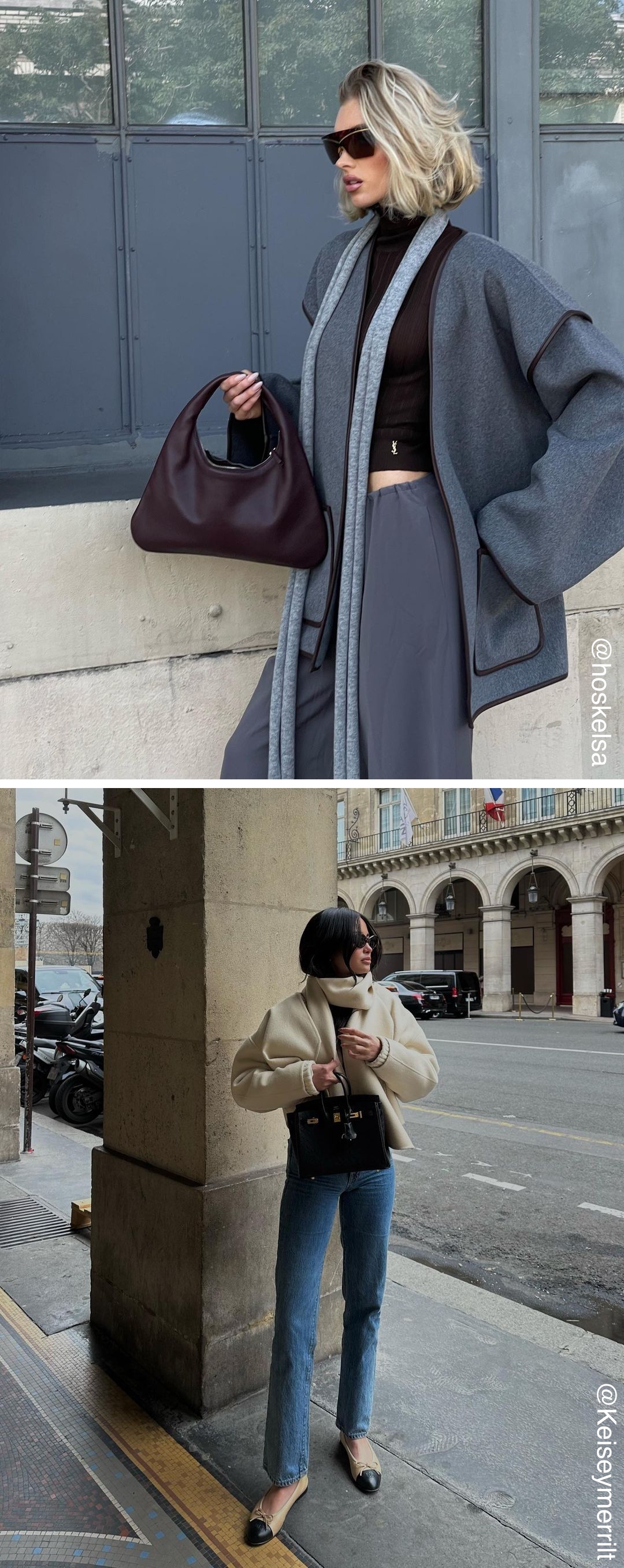 엘사 호스크와 캘시 메릿의 카라리스 재킷과 머플러 스타일링