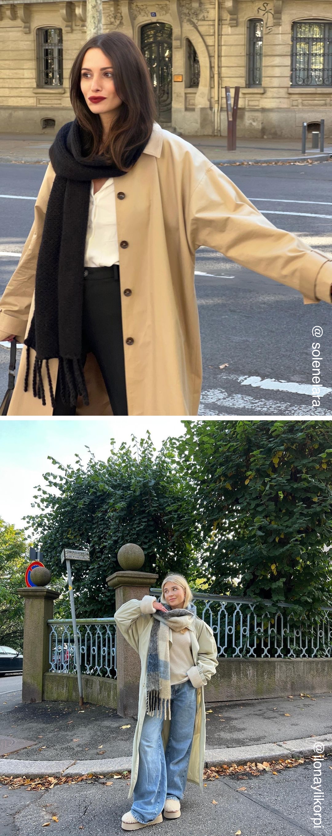 솔렌과 일로나 일리코르피의 트렌치코트 머플러 스타일링