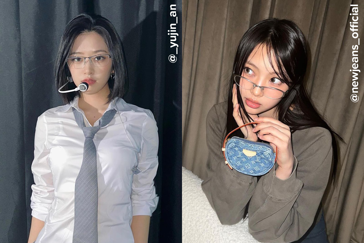 힙한 하프 메탈 프레임 안경을 쓴 아이브 안유진과 뉴진스 혜인