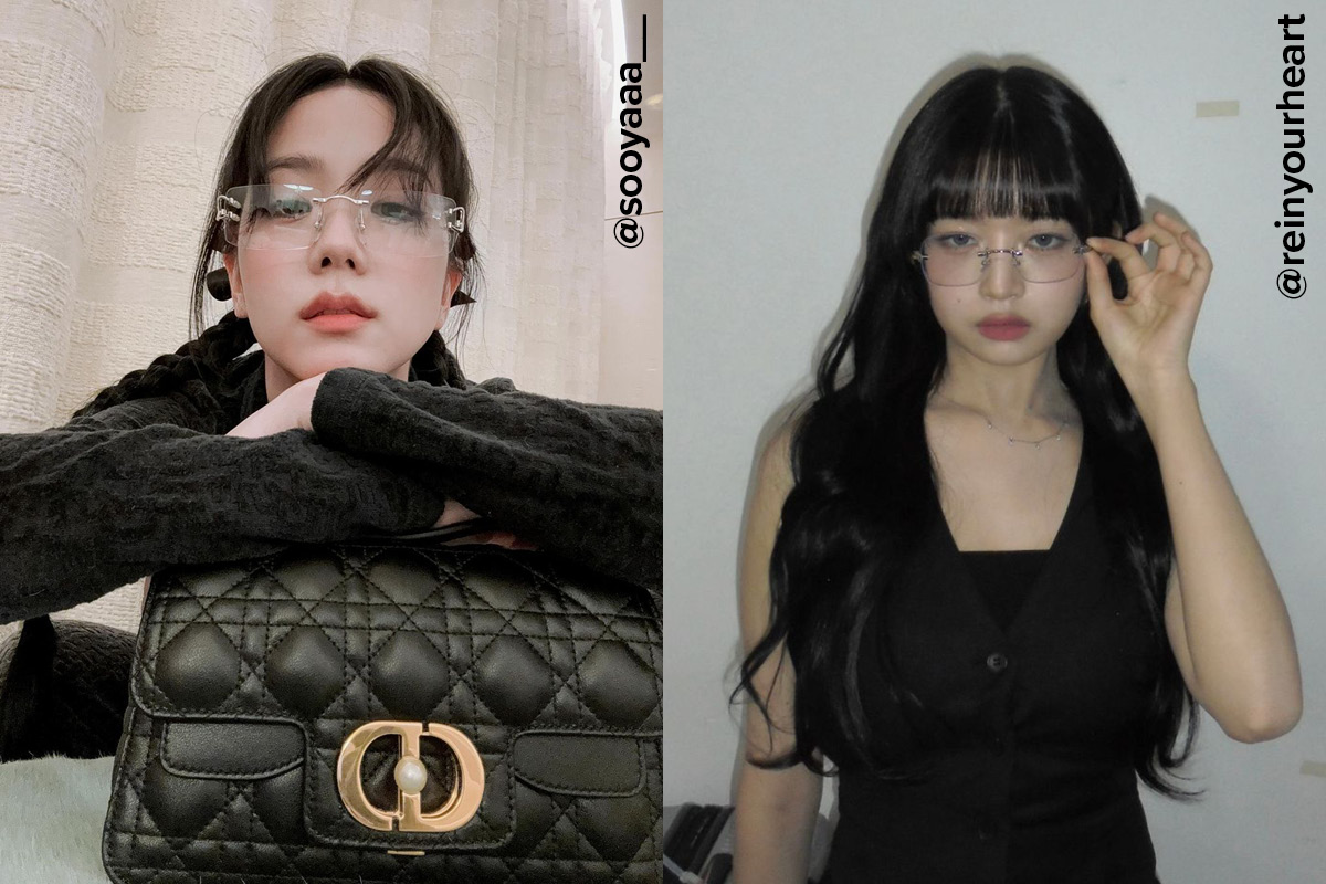 브릿지 부분에 포인트를 준 무테 안경을 쓴 블랙핑크 지수와 아이브 레이