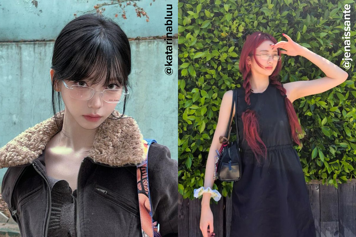 클래식한 무테 스타일링 안경을 쓴 카리나와 르세라핌 허윤진 