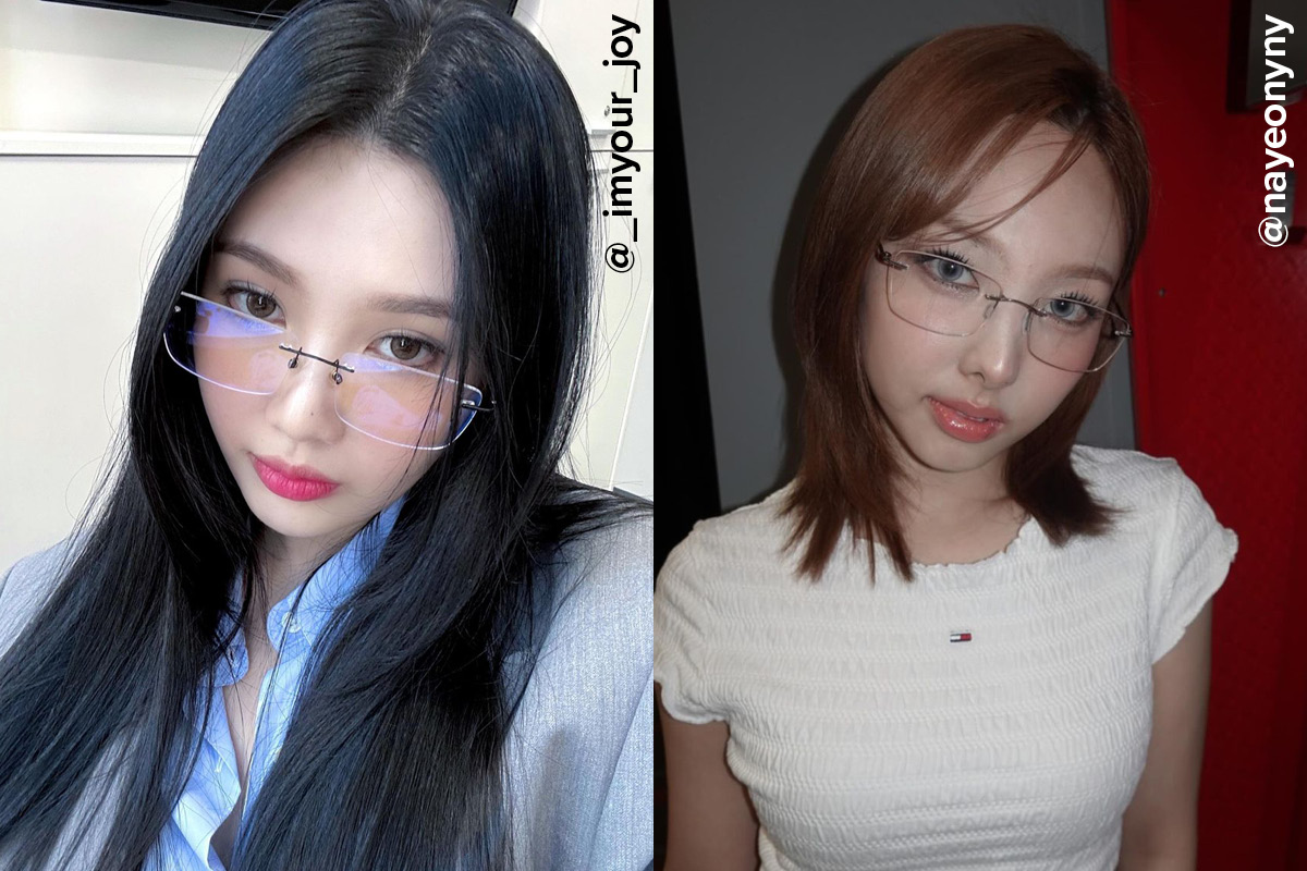 스퀘어 무테 프레임 안경을 쓴 조이와 트와이스 나연
