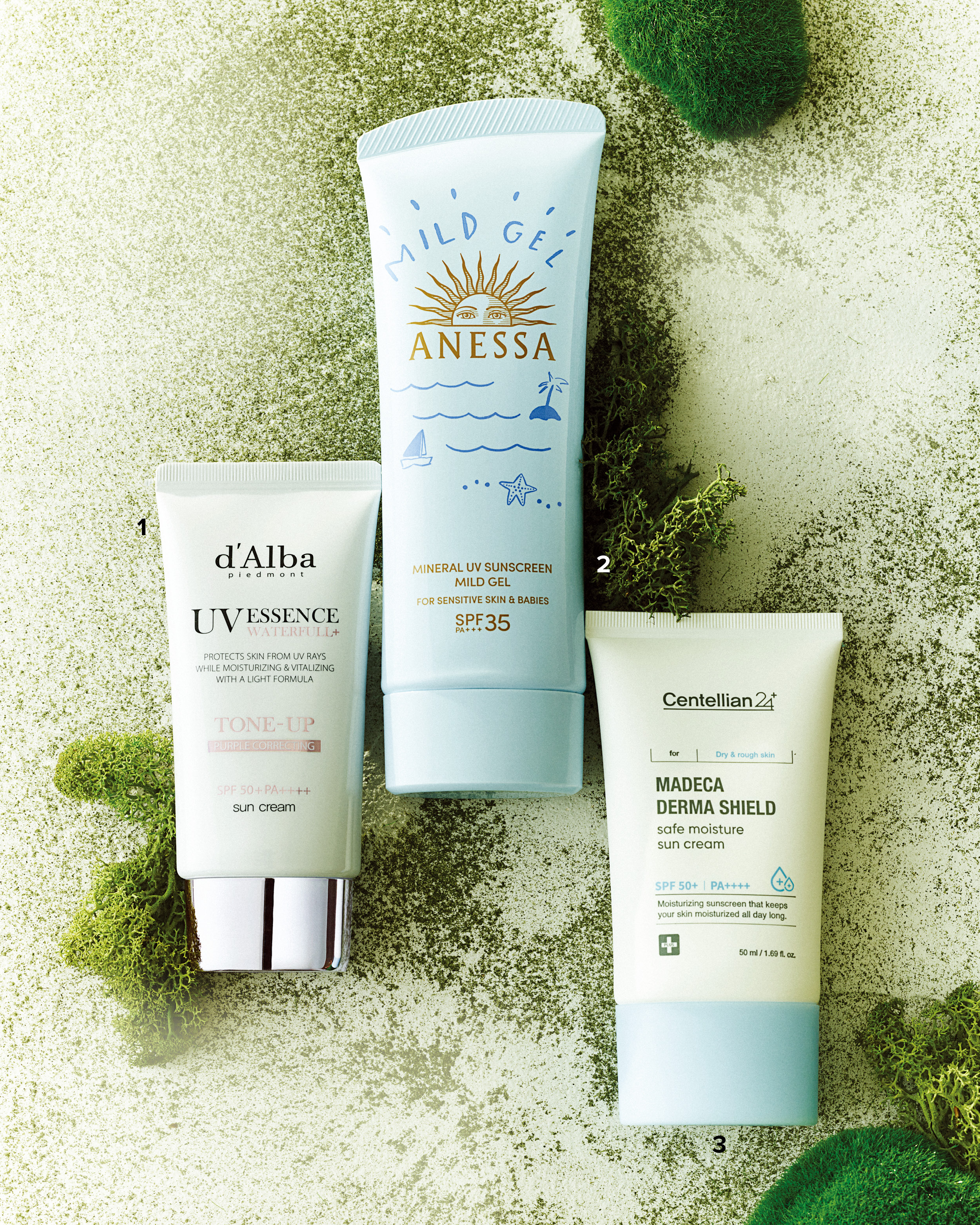 아넷사 미네랄 UV 선스크린 마일드 젤 SPF35, 센텔리안24 마데카 더마 쉴드 세 이프 수분 선크림 SPF50+, 달바 워터풀 퍼플 톤업 선크림 SPF50+