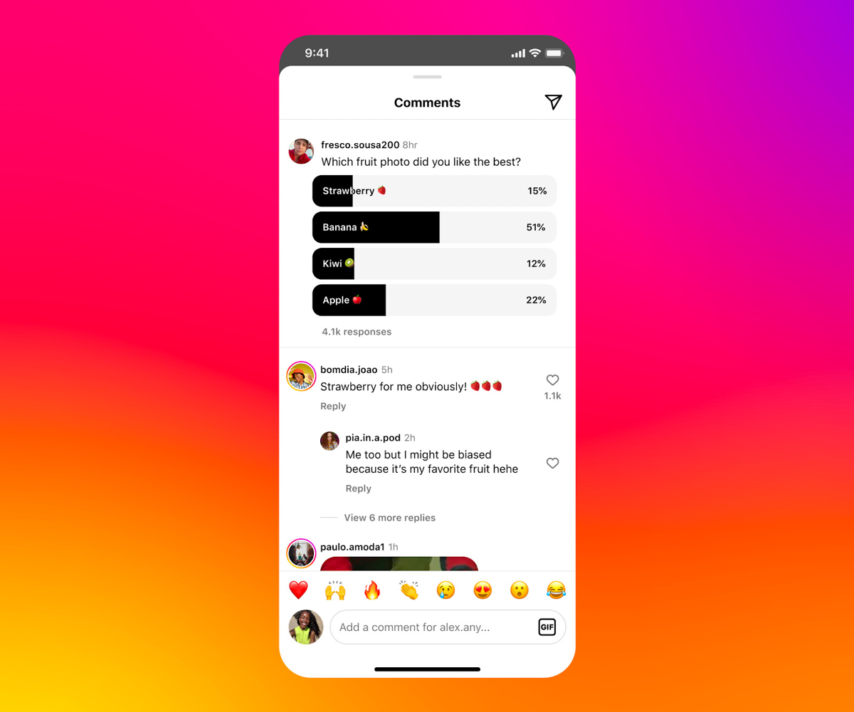 인스타그램 추가 기능인 댓글 내 투표 기능이 릴스 캡션과 피드 게시물 댓글에도 추가