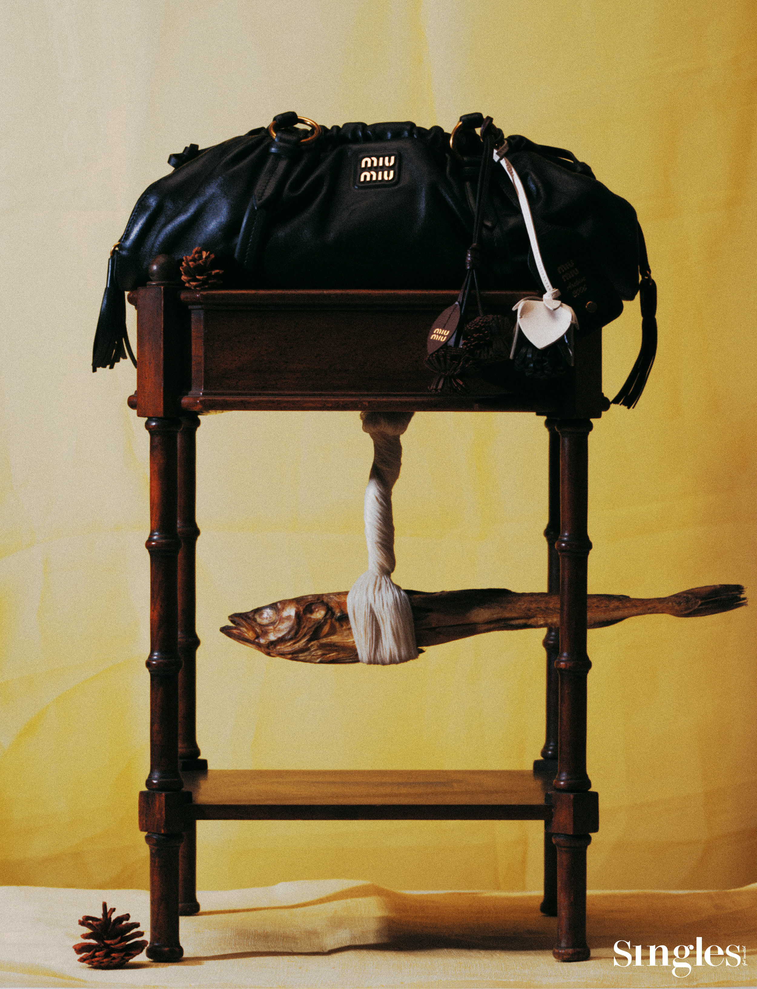 패션, 패션 화보, 싱글즈 패션 화보, 복주머니 백, 백 참, 미우미우