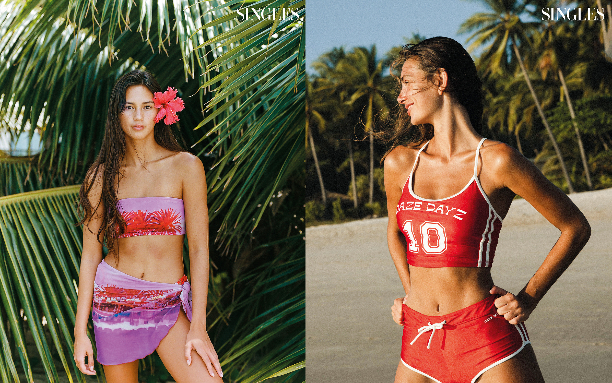 데이즈 데이즈의 팜트리 반두 톱과 쇼츠 파레오와 데이즈데이즈 창립 10주년 기념 시그너처 프린트 톱과 쇼츠.