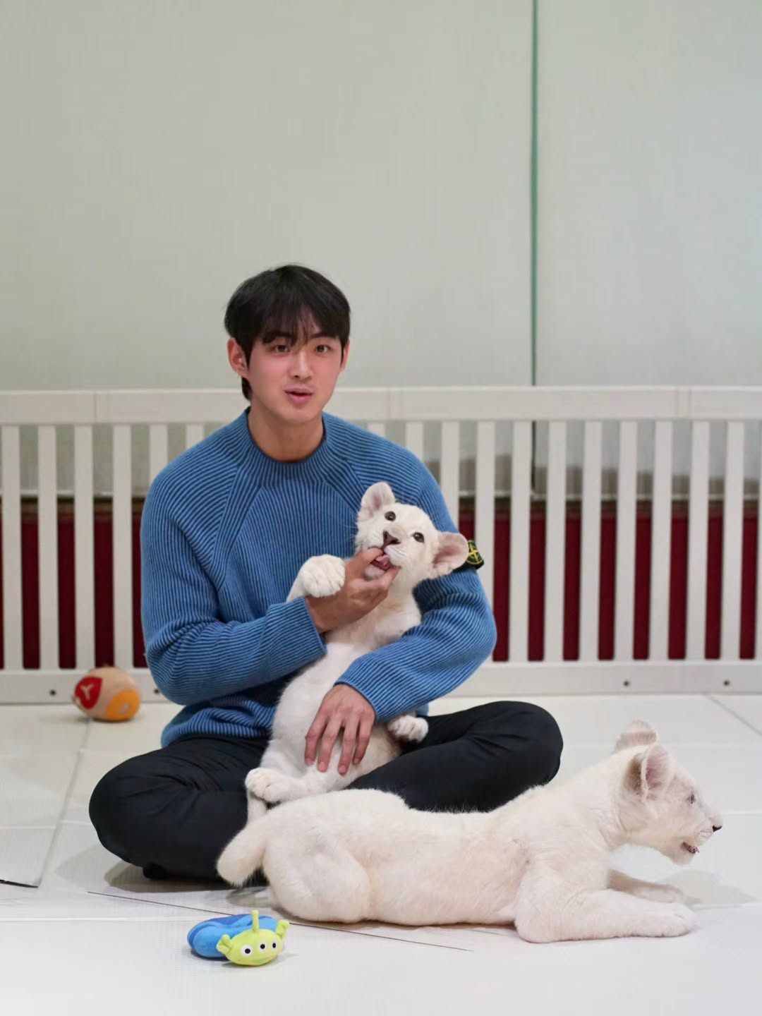 삼성 라이온즈 소속 야구 선수 구자욱과 만난 백사자 남매 루카와 루나