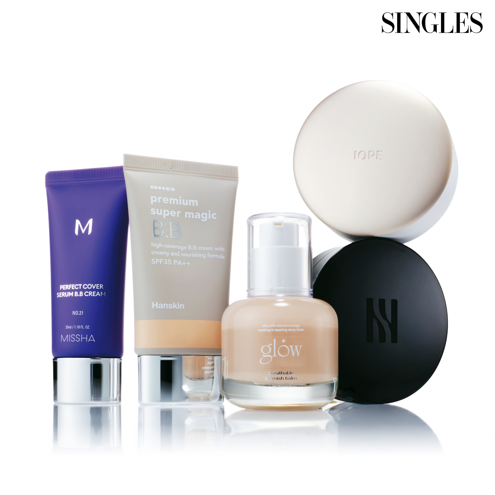 M 퍼펙트 커버 세럼 비비크림 50ml 1만원 Missha, 프리미엄 수퍼매직 비비크림 SPF35 45g 2만8천원 Hanskin, 브리더블 비비크림 30ml 3만4천원 glow, 블랙 쿠션 파운데이션 SPF34 PA++ 15g 7만4천원 Hera, 에어쿠션SPF50+++ 15g 2만8천원 Iope.