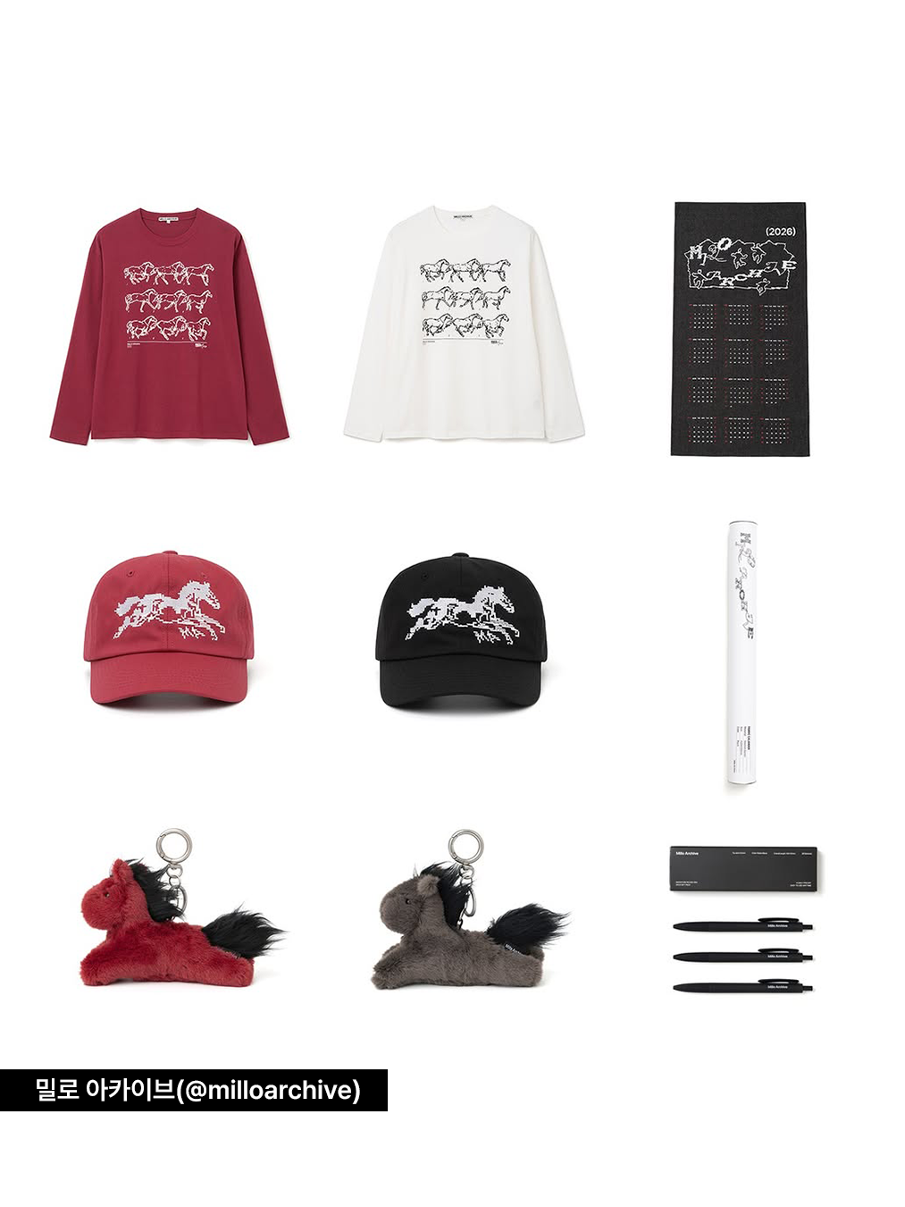2026 병오년을 맞아 선보인 밀로아카이브의 그래픽 롱 슬리브, 퍼 키링, 볼캡, 패브릭 캘린더 