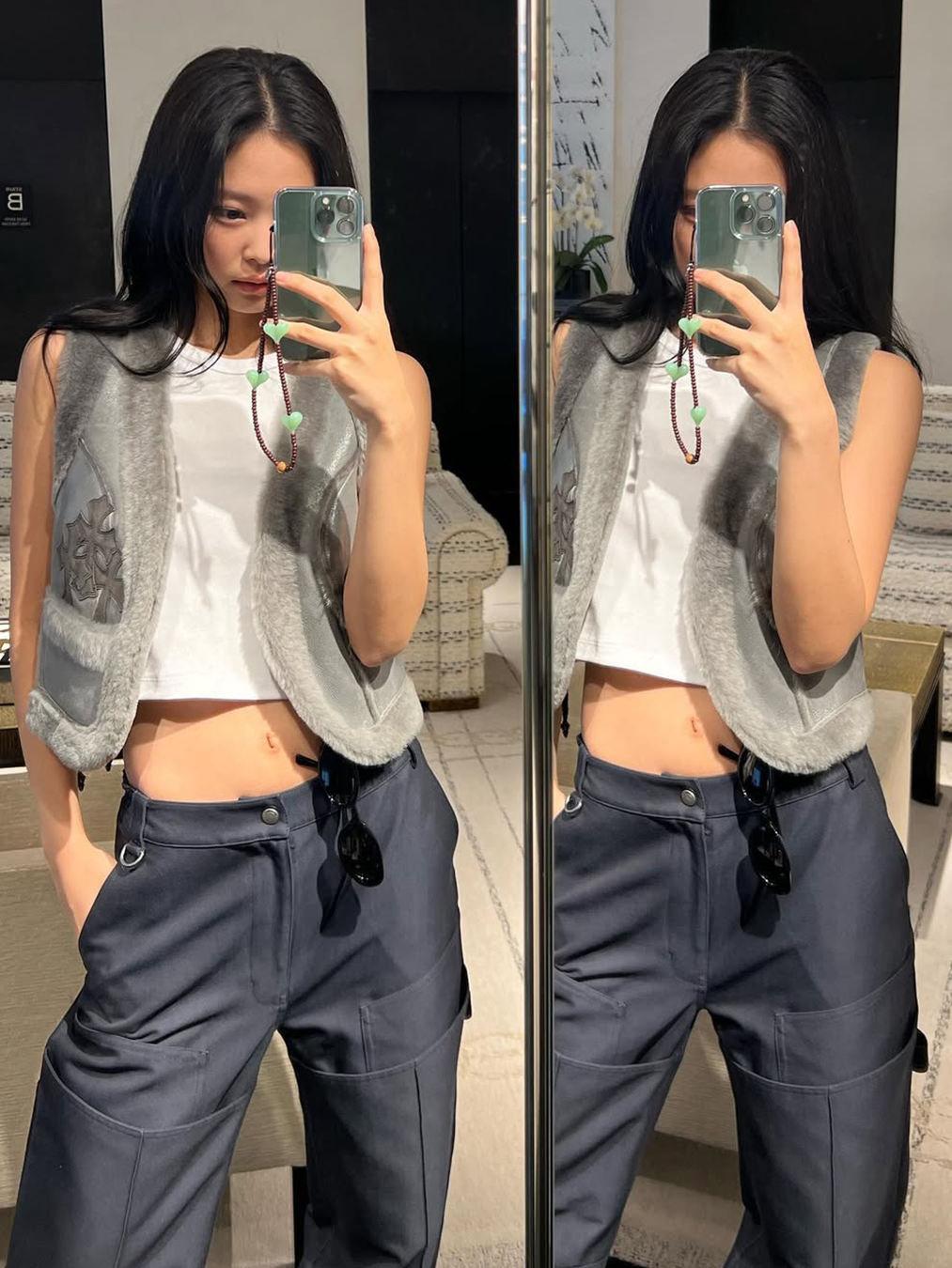 크롬하츠 크로스 패치 퍼 베스트를 착용한 제니 