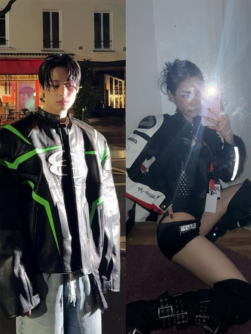 발렌시아가 레더 재킷을 입은 더보이즈 주연과 나밀라 라이더 자켓을 입은 에스파 닝닝의 사진